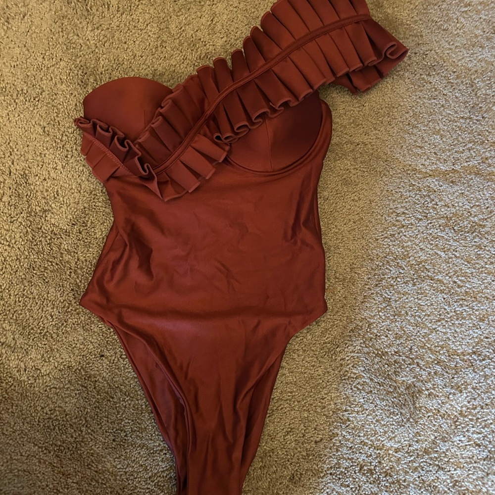 Andrea Iyamah Rust One-Shoulder Ruffle One Piece